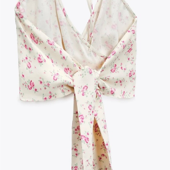 ZARA CREAM FLORAL TIE HALTER NECK SATIN EFFECT CROP TOP SIZE LARGE - Picture 3 of 11